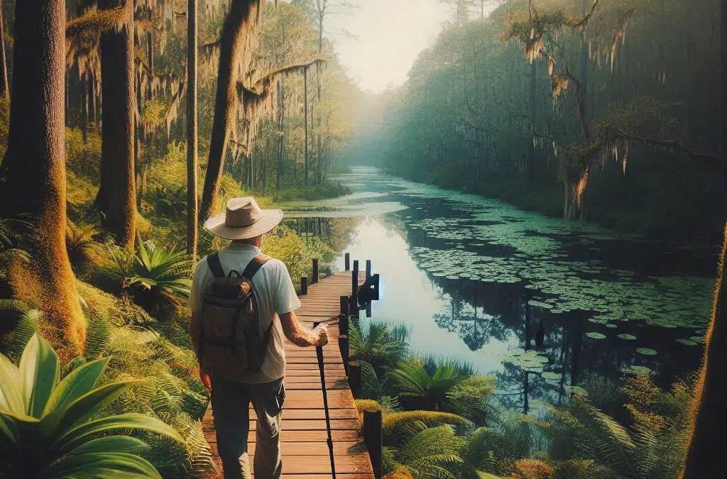 senior citizens hiking in Alachua County, Gainesville, Florida for health and exercise in the natural beauty of North Central Florida