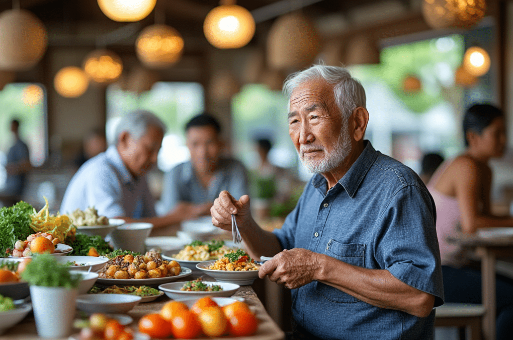 Older man eating fresh fruits and vegetables in Okinawa Japan